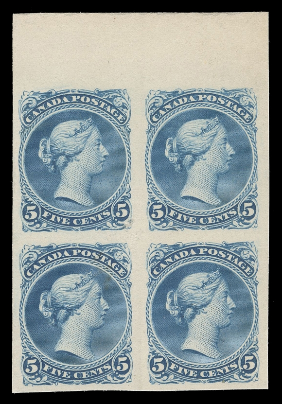 CANADA -  4 LARGE QUEEN  26,Trial colour plate proof block with sheet margin at top printed  in pale blue on soft white card (.013" thick), very scarce in a  block, VF and choice