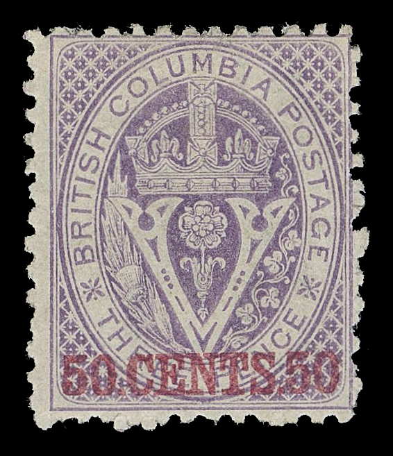 BRITISH COLUMBIA 17,A post office fresh mint single, decent centering for the issue, a few uncleared perf discs associated with the 1869 issues, exceptionally bright colour and unusually full, dull streaky original gum, F-VF LH; 1999 Greene Foundation cert. ex. Randall Martin (September 2008; Lot 40)