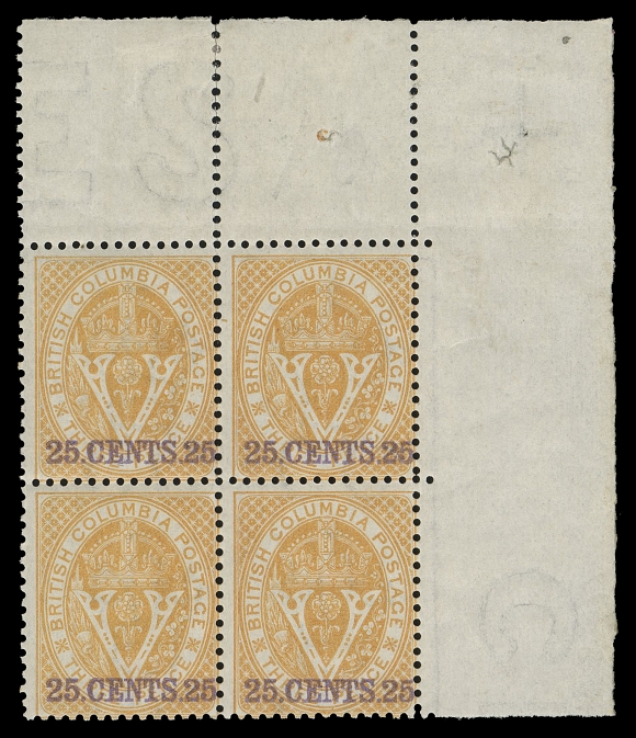 BRITISH COLUMBIA  11,A fabulous mint corner margin block with brilliant fresh colour; some split perfs in top margin, De La Rue watermark "C" of CROWN in right margin and "ES" of "COLONIES" in top margin, possessing full dull streaky original gum, very lightly hinged on bottom pair and top pair NH; a very scarce multiple, Fine+ (Cat. as hinged singles)

Expertization: 2004 Brandon and 2021 Greene Foundation certificates

Provenance: Dale-Lichtenstein, H.R. Harmer, May 2004; Lot 99