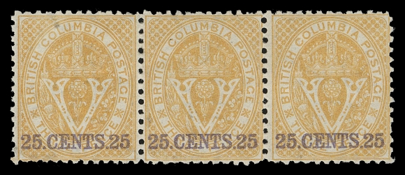BRITISH COLUMBIA  16,A well centered mint horizontal strip of three with intact perforations, excellent colour and fault-free, unusually full, dull streaky original gum. An impressive and rarely offered multiple that is especially desirable in such quality, VF LH; 2020 Greene Foundation cert.Provenance: Dale-Lichtenstein, H.R. Harmer, May 2004; Lot 119