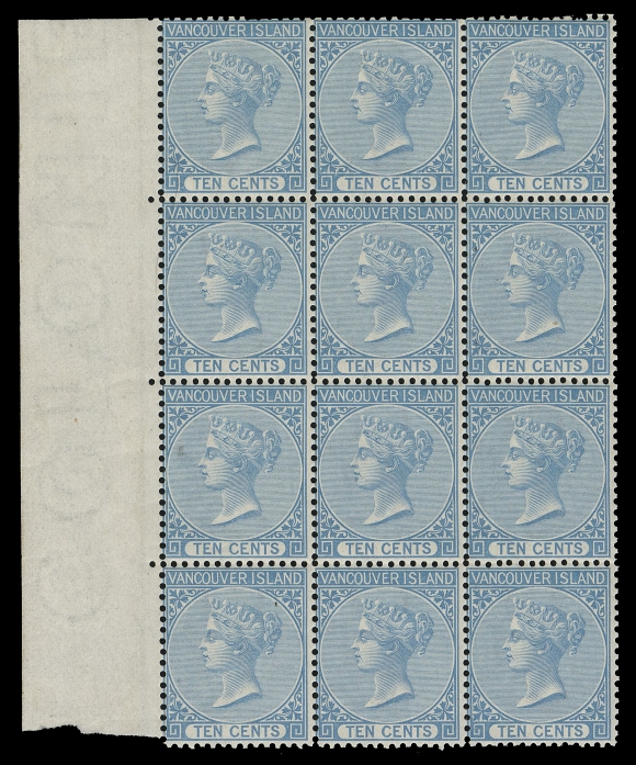 BRITISH COLUMBIA 6i,An extraordinary mint block of twelve with INVERTED WATERMARK, showing nearly complete watermark letters COLONIE(S) in sheet margin, as nicely centered as one can hope to find on this challenging stamp, a few split perfs between margin and lower left stamp, remarkably retaining full, dull streaky original gum and in immaculate condition, top left and lower right pairs lightly hinged, leaving the other EIGHT STAMPS NEVER HINGED, rarely encountered thus, even as a single. A phenomenal block that is without question one of the largest surviving multiples, Fine+ LH / NH (Unitrade cat. as hinged singles)
Expertization: 2021 Greene Foundation certificate
Provenance: Dale-Lichtenstein, H.R. Harmer LLC, May 2004; Lot 51 - offered as a block of 24 (6x4)