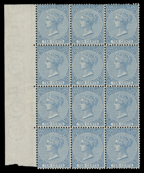 BRITISH COLUMBIA  6i,An extraordinary mint block of twelve with INVERTED WATERMARK, showing nearly complete watermark letters COLONIE(S) in sheet margin, as nicely centered as one can hope to find on this challenging stamp, a few split perfs between margin and lower left stamp, remarkably retaining full, dull streaky original gum and in immaculate condition, top left and lower right pairs lightly hinged, leaving the other EIGHT STAMPS NEVER HINGED, rarely encountered thus, even as a single. A phenomenal block that is without question one of the largest surviving multiples, Fine+ LH / NH (Unitrade cat. as hinged singles)

Expertization: 2021 Greene Foundation certificate

Provenance: Dale-Lichtenstein, H.R. Harmer LLC, May 2004; Lot 51 - offered as a block of 24 (6x4)