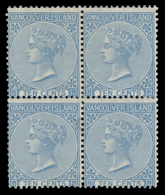 BRITISH COLUMBIA  6,An exceptionally fresh mint block, normal centering for the issue, unusually large part dull streaky original gum and in an excellent state of preservation, very scarce thus, Fine; 2020 Greene Foundation cert.AN APPEALING MINT BLOCK WITH WATERMARK CROWN CC IN UPRIGHT POSITION, SELDOM ENCOUNTERED WITH SUCH FRESH COLOUR AND CLEAN ORIGINAL GUM. 