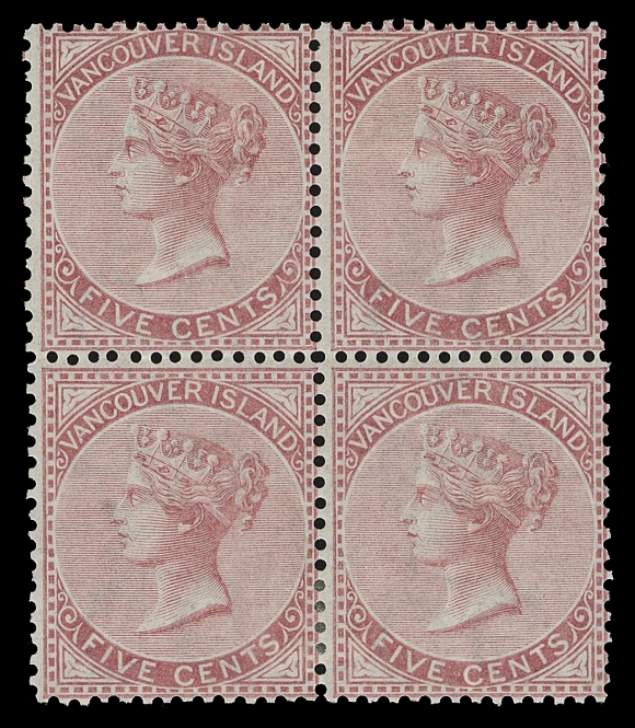 BRITISH COLUMBIA  5,A very scarce mint block with bright colour on unusually fresh paper, minute gum thin on top right stamp is hardly discernible, overall in choice condition and among the nicest of the few remaining mint blocks extant, possessing full, dull white streaky original gum, couple mild hinges. A beautiful block that has once resided in a legendary collection of the past, Fine OGExpertization: 2004 Brandon certificateProvenance: Dale-Lichtenstein, H.R. Harmer, May 2004; Lot 45
