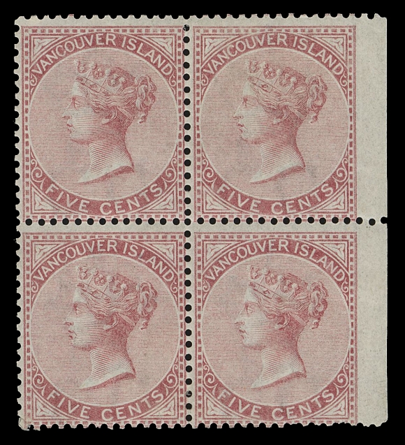 BRITISH COLUMBIA  5,An impressive mint block with deep rich colour, right wing margin trimmed as straight edge, quite well centered for the issue, unusually fresh, full dull white streaky original gum, slightly disturbed from previous light hinging. A very scarce mint block, Fine+Expertization: 2013 Greene Foundation certificateProvenance: "Fordwater" Collection of Canada and BNA, Spink Shreves, June 2013; Lot 10                   Sir Gawaine Baillie, Part VII - BNA, Sotheby