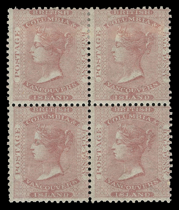 BRITISH COLUMBIA  2,An attractive mint block with exceptionally bright colour, top pair hinge remnants, lower pair showing barest trace of hinging, Fine; an elusive block in selected quality.Expertization: 2020 Greene Foundation cert. (states: "lower pair NH")Provenance: Dale-Lichtenstein, H.R. Harmer, May 2004; Lot 10
