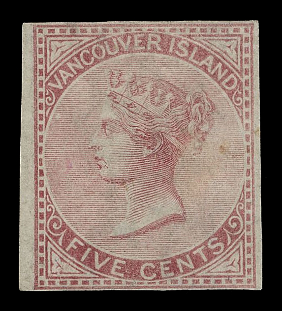 BRITISH COLUMBIA  3,A rare mint single with well clear to large margins, light soiling at centre right but essentially sound with large portion of its characteristic dull, white streaky original gum. This stamp in mint OG condition is missing from nearly all important British North America collections, Fine OG; 2019 Greene Foundation cert. (Unitrade cat. $50,000 for fine OG)