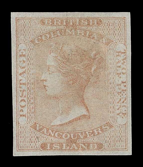 BRITISH COLUMBIA  1,An extraordinary mint example of this rare imperforate classic stamp, surrounded by remarkably large margins and displaying delicate true colour on immaculate white paper with full, dull white original gum, characteristic of very early De La Rue printings. These superior traits are quite remarkable as such as most existing examples are without gum. An amazing stamp in all respects and ideal stamp for the discriminating collector who is only satisfied with the best, XF OG GEMExpertization: 1979 & 2020 Greene Foundation and 1981 PF certificates Provenance: Specialized Collection of British Columbia and Vancouver Island (James Pike), Harmers  of San Francisco Inc., June 1980; Lot 2002AN ABSOLUTE GEM IMPERFORATE TWO AND ONE HALF PENNY BRITISH COLUMBIA & VANCOUVER ISLAND, WITHOUT QUESTION AMONG THE VERY FINEST EXTANT.
