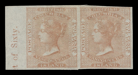 BRITISH COLUMBIA  1,An outstanding mint pair of great beauty, in flawless condition with ample to mostly large margins, sheet margin at left showing part imprint "(12s. 6d. per She)et of Sixty", remarkably retaining a large part of its characteristic dull, white original gum. This sought-after classic stamp is virtually unheard of in a multiple (see below), especially in such an immaculate state of preservation. An absolute rarity of British North America philately and a fabulous item for a serious collection, XF HExpertization: 2020 Greene Foundation certificateProvenance: Edward Gilbert, Spink & H.R. Harmer, June 2005; Lot 252Census - after extensive research we were able to locate only two other multiples1) Block of four without gum; ex. Dale-Lichtenstein (May 2004; Lot 2)2) Horizontal pair with margin at left "1s. 3d per R(ow of Six)", just clear margin at foot, left stamp with creases, mint OG; ex. British Columbia Specialized Sale, SG Auctions (July 1966; Lot 1), BNA Sale, Harmers of New York (February 1980; Lot 4)