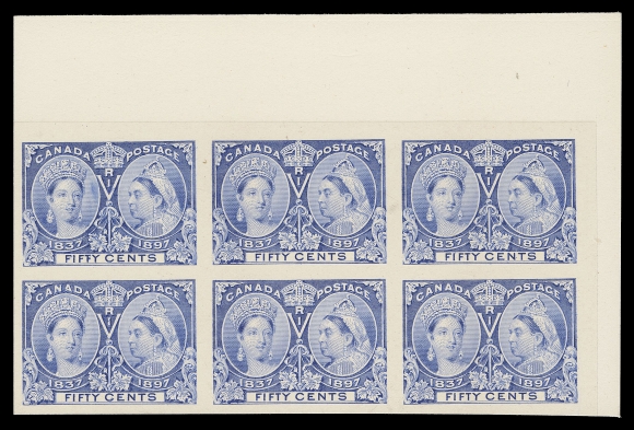 CANADA  50/60,Nine different (no 6c & 10c to complete the short set) in upper corner plate proof blocks of six (3x2) issued colours on card mounted india paper, VF (Unitrade cat. $9,600)