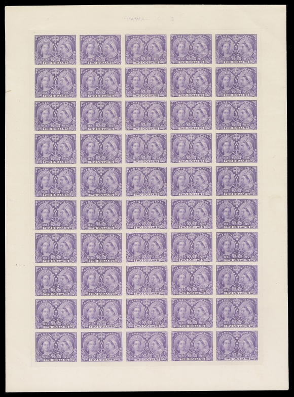 CANADA -  6 1897-1902 VICTORIAN ISSUES  62,Plate proof sheet of 50 printed in issued colour on card mounted india paper, large portion of the Plate 26 inscription at top, faint card crease at top right edge of the sheet. An impressive and rare proof sheet, VF; clear 2019 Greene Foundation cert. (Unitrade cat. $40,000)

A known plate variety is at Position 44 with doubling marks in the "R" and "I" of central "VRI" letters.