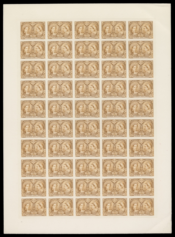 CANADA -  6 1897-1902 VICTORIAN ISSUES  63,Plate proof sheet of 50 printed in issued colour on card mounted india paper, no imprint visible - trimmed just above the stamps after printing; couple light card creases confined to margins and away from the plate proofs, a very rare proof sheet, VF; clear 2019 Greene Foundation cert. (Unitrade cat. $40,000)

Four documented plate varieties, according to Ralph Trimble Re-entry website are shown at Positions 13, 19, 27 and 50. Only Position 19 is currently listed in Unitrade.