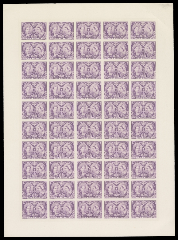 CANADA -  6 1897-1902 VICTORIAN ISSUES  64,Plate proof sheet of 50 printed in issued colour on card mounted india paper, no imprint - trimmed just above the stamps after printing; corner card crease at top right. VF and rare; clear 2019 Greene Foundation cert. (Unitrade cat. $40,000)