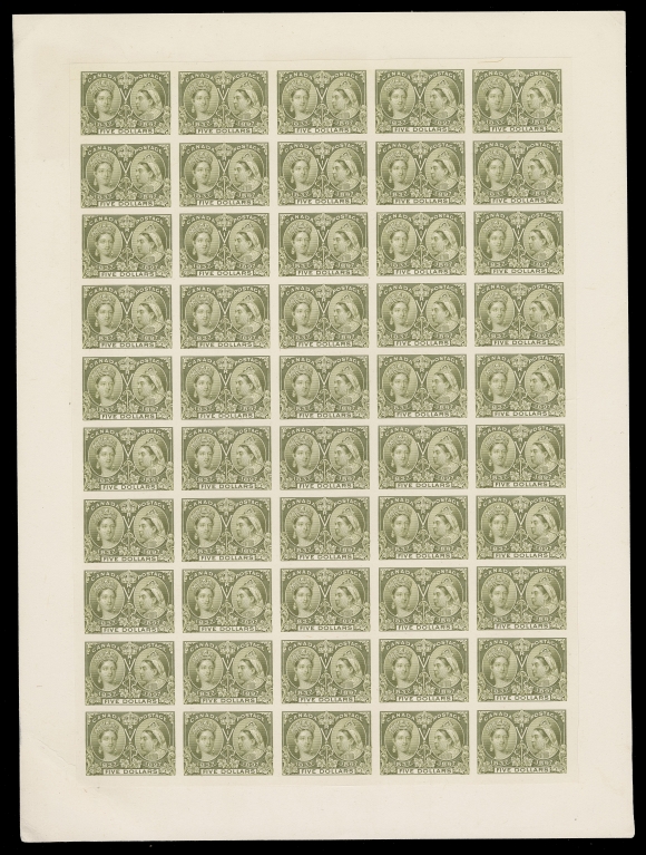 CANADA -  6 1897-1902 VICTORIAN ISSUES  65,Plate proof sheet of 50 printed in issued colour on card mounted india paper, no imprint - trimmed just above the stamps after printing. Immaterial corner card crease at lower left, VF and rare; clear 2019 Greene Foundation cert. (Unitrade cat. $40,000)

Three plate varieties listed and documented on Ralph Trimble Re-entry website are shown at Positions 8, 10 and 11. The last two are currently listed in the Unitrade.