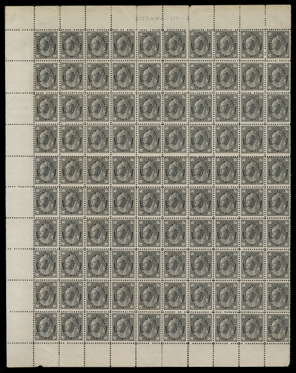 CANADA -  6 1897-1902 VICTORIAN ISSUES  66,A remarkable pair of Plate 1 Left and Right sheets of 100, each with sheet margin on three sides as do all known, plate imprint over positions 5-6 on both. Left pane with some perf separations mostly at top, two stamps hinged in top row and light diagonal gum bend on a few, otherwise NH pane with F-VF centering, many being VF; Right pane in an excellent state of preservation and very difficult to find as such, NH and overall VF; a very scarce duo (Unitrade cat. $7,700)

The four known Major Re-entries, listed in Unitrade specialized catalogues, are visible in left pane at Positions 1, 69 and in right pane at Positions 4, 79.

