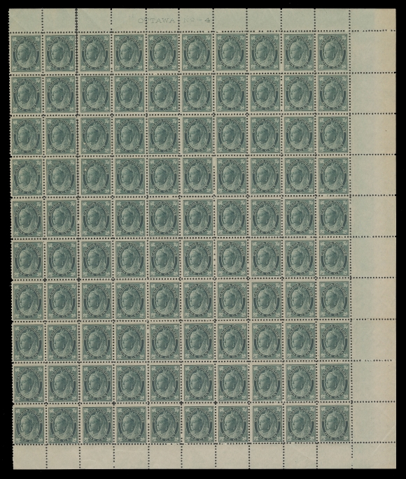 CANADA -  6 1897-1902 VICTORIAN ISSUES  67,Mint right-hand sheet with full "OTTAWA-No-4" imprint at top, severed between second and third columns, now blocks of 20 and of 80, light adhesion on about a dozen stamps from stacking, no margin at left, still a very scarce sheet with many well centered stamps, F-VF NH (Unitrade cat. $12,000+ as single stamps)