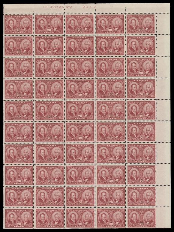 CANADA -  8 KING GEORGE V  148,Upper Right mint Plate 1 sheet of 50, post office fresh, reasonably centered, light corner crease on lower left stamp, F-VF NH (Unitrade cat. $2,865) 