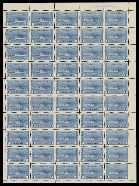 CANADA -  9 KING GEORGE VI  256-262,Seven high values of the set, all sheets are Plate 1 and are fresh and well centered, includes 8c UL, 10c UR, 13c LR, 14c UL, 20c UR, 50c LL and the key $1 UR. A very seldom seen group of intact sheets, VF NH (Unitrade cat. $12,925)