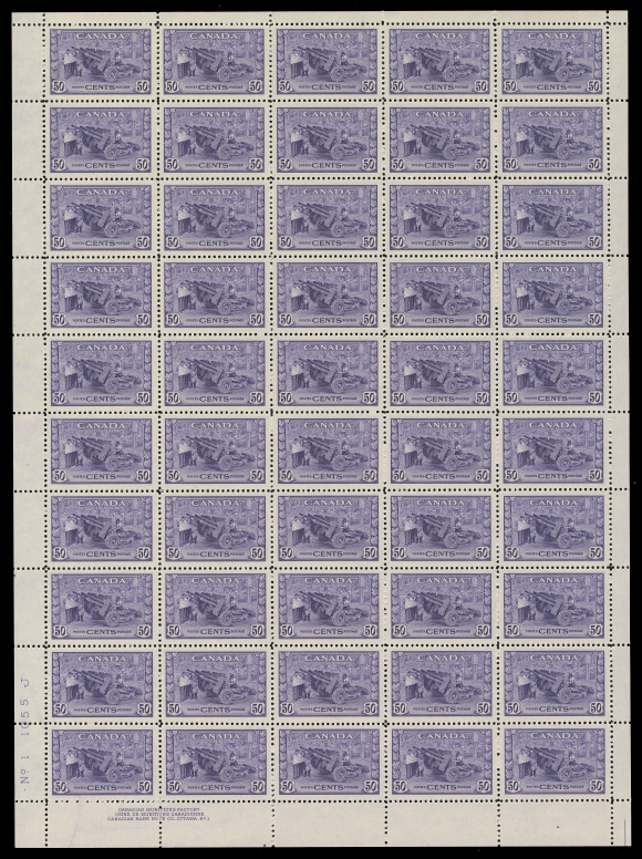 CANADA -  9 KING GEORGE VI  256-262,Seven high values of the set, all sheets are Plate 1 and are fresh and well centered, includes 8c UL, 10c UR, 13c LR, 14c UL, 20c UR, 50c LL and the key $1 UR. A very seldom seen group of intact sheets, VF NH (Unitrade cat. $12,925)