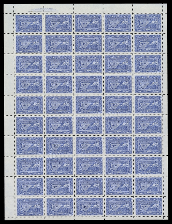CANADA -  9 KING GEORGE VI  302,Upper Left Plate 1 mint full sheet of 50, post office fresh and very well centered, lightly folded once along perfs at centre, VF NH (Unitrade cat. $3,010)