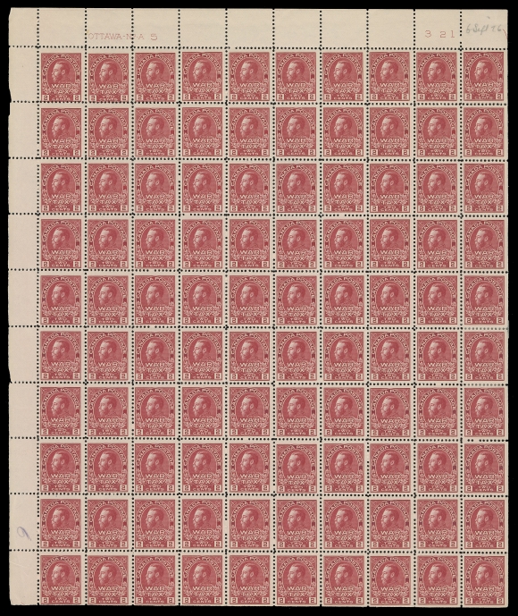 CANADA - 17 WAR TAX  MR2,Upper Left mint Plate 5 sheet of 100, natural straight edge two sides, minor perf separations along tenth column (supported by hinges on four stamps), pencil "6 Sept 16" date of acquisition by pioneer collector Major K.H. White in top margin, a rare sheet, F-VF NH (Unitrade cat. $7,000)