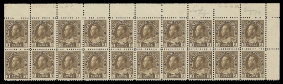 CANADA -  8 KING GEORGE V  108,Upper Left mint Plate 37 strip of twenty, "Aug 7 / 19" date of acquisition by pioneer collector K. Hamilton White at top right, quite well centered with gorgeous colour, LH on one straight edge stamp and right sheet margin leaving nineteen NH, VF (Unitrade cat. $2,900 as single stamps)