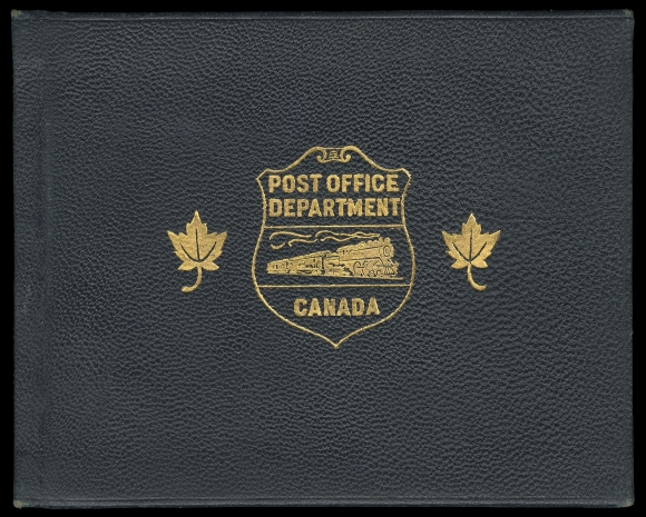 CANADA  103,In blue leather with gold embossed Railroad train and inscribed "POST OFFICE DEPARTMENT CANADA" within a shield, two maple leaves on each side, with sand coloured marble finish inside cover pages, containing two pages titled "CANADA POSTAGE STAMPS 1924" with Admiral issues, wet printings except 50c with 1c yellow, 2c green, 4c olive bistre, 5 violet, 7c red brown, 20c olive green and 50c black brown. Also first postage dues 1c, 2c dry printing and 5c wet printing. Stamps F-VF NH; booklet in excellent state of preservation and rarely seen, VF (Unitrade 105/120, J1)