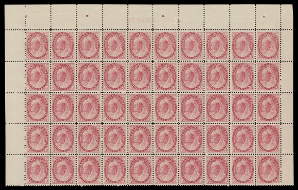 CANADA -  6 1897-1902 VICTORIAN ISSUES  78 + varieties,An impressive top-half of sheet Plate 1 block of 50 from left pane, quite well centered with many very fine stamps and full pristine original gum; F-VF NH (Unitrade cat. $13,250 as single stamps)

Two plate varieties are visible at Positions 14 and 26; former with doubling marks in first "A" and "AD" of "CANADA" and in oval below; the latter with noticeable marks in "CA" of "CANADA" and in "S" and "AGE" of "POSTAGE" (Ralph Trimble Re-entry No. 3).