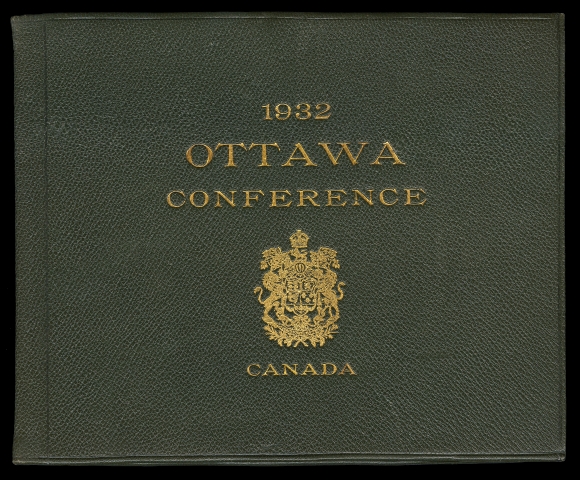 CANADA -  8 KING GEORGE V  Green morocco covers with small Coat of Arms at centre, "1932 OTTAWA CONFERENCE" above and "CANADA" on one line below, all embossed in gold, containing King George V Arch issue set of ten (new colours 1c to 8c plus 12c to $1), then 1931 10c Cartier, 3c on 2c provisional, 1932 IEC set of three, both 1932 surcharge airmails; mint NH and mostly VF centering. A beautiful presentation booklet (200 issued) in an excellent state of preservation, VF (Unitrade 163/177, 190-194, C3, C4)