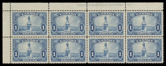 CANADA -  8 KING GEORGE V  227i,A choice, post office fresh mint Upper Left Plate 1 block of eight in the distinctive shade, very well centered, VF+ NH