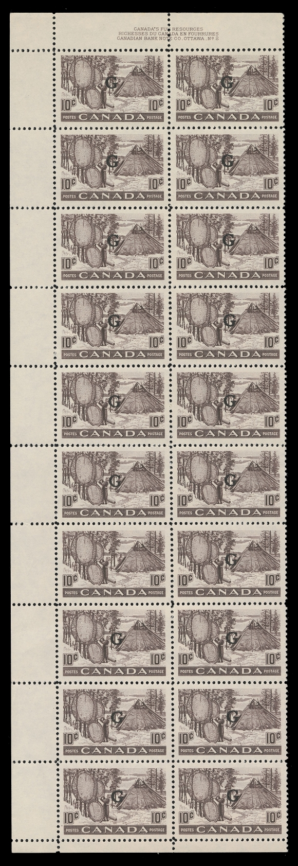 CANADA - 18 OFFICIALS  O26a,A mint Plate 2 strip of twenty MISSING "G" OVERPRINT on Position 31 (first stamp of seventh row), very well centered and fresh, folded horizontally between fifth and sixth rows with some split perfs; an appealing and scarce positional block with the error, VF NH; clear 2020 Greene Foundation cert.