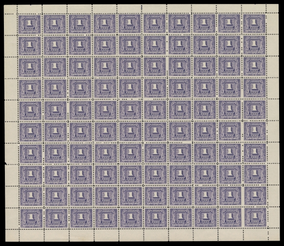 CANADA - 16 POSTAGE DUE  J6,A fresh, well centered mint sheet of 100, plate "1" (reversed) number at top along perforations usual, minor perf separation in lower margin, unusually well centered, VF NH (Unitrade cat. $4,440)