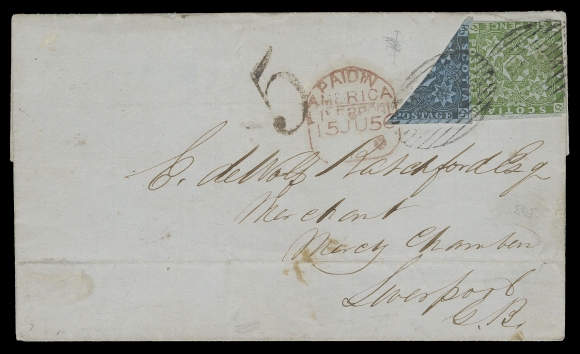 NOVA SCOTIA -  1 PENCE  1856 (June 3) Clean folded cover bearing a diagonally bisected 3p deep blue on deeply blued wove paper together with a 6p yellow green, just touching in two places, well tied by oval mute grids, British claim "5" rate handstamp; on reverse Pugwash double arc dispatch, oval "H" (Halifax) JU 5 transit, paying the 7½ pence letter rate to United Kingdom, small tombstone Paid in America Liverpool 15 JU 56 receiver further ties the bisect, horizontal file fold at foot well away from the franking. A scarce and desirable cover in well-above average condition, ideal for exhibition, F-VF (Unitrade 3, 4a)Expertization: 2005 Greene Foundation certificateProvenance: W.H. Brouse (backstamped)                   Henry Gibson (backstamped), Eugene Klein Auctions, March 1944This cover is unreported in the census compiled by Arfken & Firby in "The Pence Covers of Nova Scotia and New Brunswick". The earliest known date of this franking is December 27, 1855 from Pictou to Edinburgh, Scotland. This cover is the SECOND EARLIEST REPORTED DATE of the 3p bisect & 6p franking to the United Kingdom.