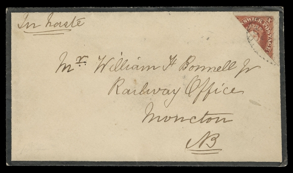 NEW BRUNSWICK  1860 (June 4) Small mourning envelope in choice condition, endorsed "In haste" at top left, franked with a diagonally bisected 10c vermilion to pay the 5 cent domestic letter rate; clipped perfs as often and tied by oval grid 