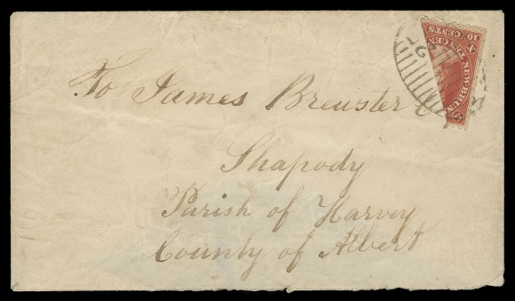 NEW BRUNSWICK 1860 (June 22) Small envelope mailed to Harvey, Albert County, New Brunswick, light overall wrinkles away from a sound example of the provisional bisected 10 cent vermilion, well tied by unusually clear oval grid