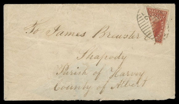 NEW BRUNSWICK  1860 (June 22) Small envelope mailed to Harvey, Albert County, New Brunswick, light overall wrinkles away from a sound example of the provisional bisected 10 cent vermilion, well tied by unusually clear oval grid 