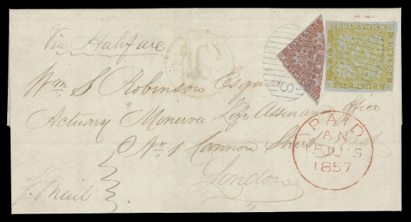 NEW BRUNSWICK  1857 (June 1) Folded cover in immaculate condition, paying the current letter rate to London, England with a diagonal bisect of 3 pence red, touching at left corner, alongside a select 6 pence olive yellow, attractively tied by two clearly struck oval grid 