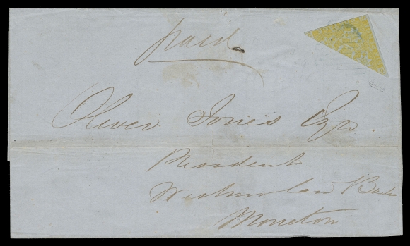 NEW BRUNSWICK  1859 (February 9) Blue folded cover from Chatham to Moncton, bearing a diagonal bisected 6p orange yellow shade, touching on one side, lightly tied by oval grid 