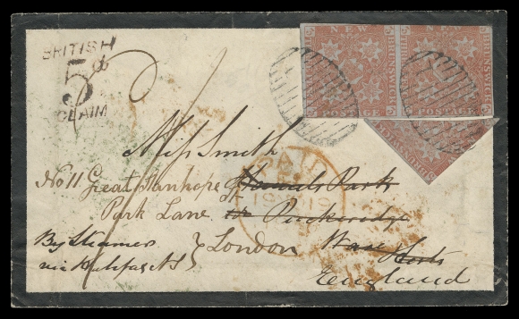 NEW BRUNSWICK  1855 (November 5) Neat mourning cover from the famous Miss Smith correspondence mailed from Saint John to Ware, England, endorsed "By Steamer via Halifax, NS" and showing an exceptional franking consisting of pair and a diagonal bisect of the 3p dull red, both touching on one side, tied by clear oval grids 