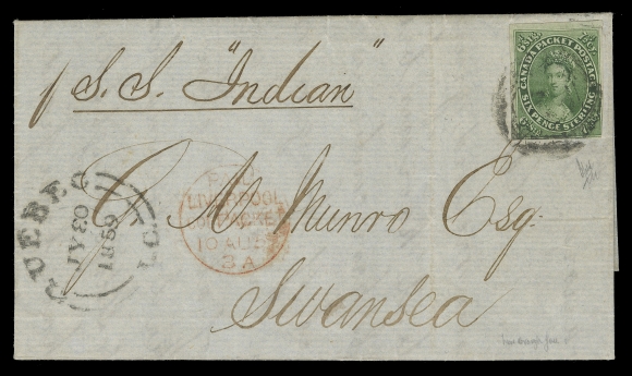 CANADA -  2 PENCE  1859 (July 30) Folded lettersheet from Québec, L.C to Swansea, Wales, franked with a 7½p green imperforate, just in outer frame at right to large margins, interesting printer’s horizontal guideline at centre, tied by indistinct four-ring numeral cancellation, Quebec double arc dispatch datestamp at left, showing inverted "3" in date indicia, endorsed "S.S. Indian", via Liverpool with Paid Liverpool Col. Packet 10 AU 59 circular transit in red, Swansea AU 11 receiver in blue on reverse. A pretty cover with great eye-appeal paying the Allan Line Canadian Packet rate, F-VF (Unitrade 9)Interestingly enough, this cover was mailed four weeks into the newly adopted currency reform (effective July 1, 1859), the changeover from Pence to Decimal. Pence stamps were still valid for postage at the equivalent of the Decimal issues; in this case 7½ pence was treated as a 12½ cent stamp.Expertization: 1991 Peter Holcombe certificateProvenance: Bertram Collection of Canada, Shanahan