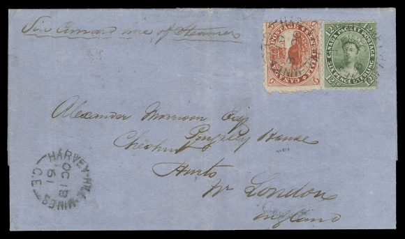 CANADA -  3 CENTS  1861 (October 18) Folded letter with printed "The English & Canadian Mining Company Limited / Harvey Hill Copper Mines / Leeds, Megantic, C.E." letterhead, contents discuss a copper lode, endorsed "Via Cunard Line of Steamer" bearing 12½c green and 5c vermilion, perf 11¾ unusually tied by Harvey Hill Mines, C.E. OC 18 61 split rings, third strike as dispatch at left, pays the 17c (overpaid half cent) Cunard Line rate to England; on reverse Leeds, C.E. OC 18 split ring, partially legible double ring circular RPO, Quebec OC 19 transit and London NO 4 61 receiver in red. An attractive and seldom encountered combination to pay the Cunard Line rate, F-VF (Unitrade 15, 18)