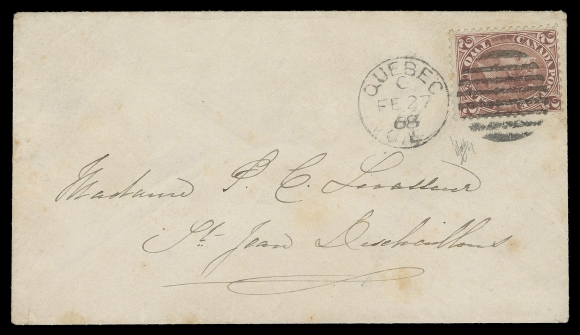 CANADA -  3 CENTS  1868 (February 27) Small envelope in great shape bearing a  2c rose perf 12, well tied by Quebec duplex in ideal upright position, addressed to St. Jean Deschaillons; no backstamp. Pays one of two plausible rates - 1) an underpaid 5c domestic letter rate, mailed without penalty; or 2) a double unsealed circular rate. Either way, a most unusual and rarely seen two cent single franking, appealing and VF (Unitrade 20)Expertization: 1991 Peter Holcombe certificate