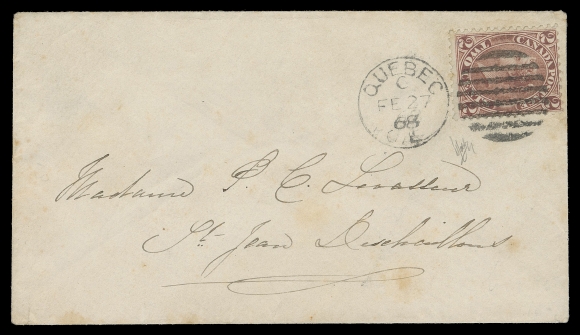 CANADA - 3 CENTS 1868 (February 27) Small envelope in great shape bearing a 2c rose perf 12, well tied by Quebec duplex in ideal upright position, addressed to St. Jean Deschaillons; no backstamp. Pays one of two plausible rates - 1) an underpaid 5c domestic letter rate, mailed without penalty; or 2) a double unsealed circular rate. Either way, a most unusual and rarely seen two cent single franking, appealing and VF (Unitrade 20)
Expertization: 1991 Peter Holcombe certificate