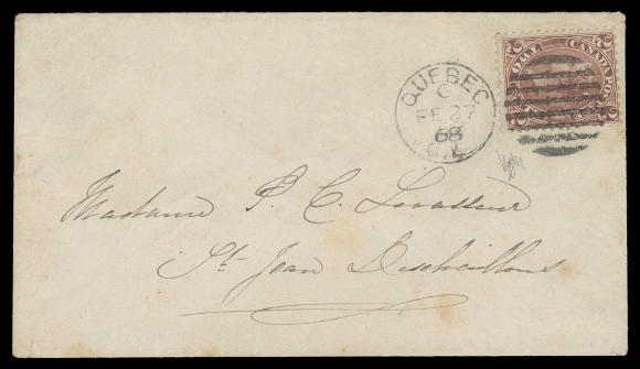 CANADA -  3 CENTS  1868 (February 27) Small envelope in great shape bearing a  2c rose perf 12, well tied by Quebec duplex in ideal upright position, addressed to St. Jean Deschaillons; no backstamp. Pays one of two plausible rates - 1) an underpaid 5c domestic letter rate, mailed without penalty; or 2) a double unsealed circular rate. Either way, a most unusual and rarely seen two cent single franking, appealing and VF (Unitrade 20)

Expertization: 1991 Peter Holcombe certificate