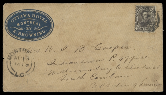 CANADA -  3 CENTS  1859 (August 16) Manila envelope with embossed dark blue cameo of "OTTAWA HOTEL / MONTREAL / BY / S. BROWNING", bearing a single 10c black brown (Printing Order 1A) displaying the true rich first printing colour, small perf flaws and light cover ageing, tied by partially legible four-ring 