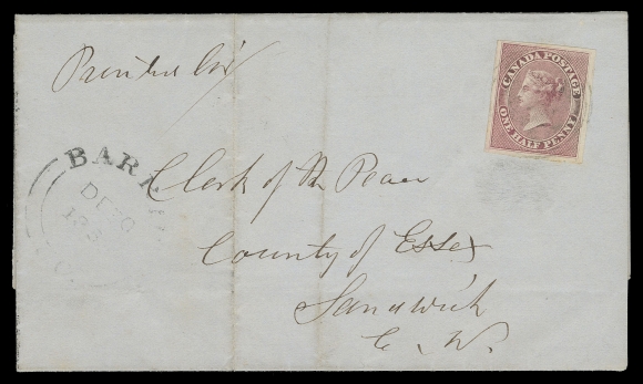 CANADA - 2 PENCE 1858 (December 30) Blue folded cover bearing a very large margined Half penny deep rose shade on medium wove paper in choice condition, just tied by light indistinct four-ring numeral cancel, mostly clear Barrie DE 30 1858 double arc datestamp at left, paying a scarce domestic printed matter rate, central file folds away from stamp; on reverse Windsor JA 1 1859 transit and Sandwich JA 1 1859 receiver backstamps, VF; 1987 Greene Foundation cert. (Unitrade 8) ex. Michael Roberts (December 2006; Lot 100)