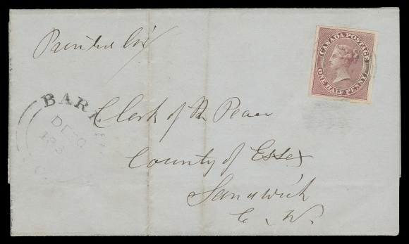 CANADA -  2 PENCE  1858 (December 30) Blue folded cover bearing a very large margined Half penny deep rose shade on medium wove paper in choice condition, just tied by light indistinct four-ring numeral cancel, mostly clear Barrie DE 30 1858 double arc datestamp at left, paying a scarce domestic printed matter rate, central file folds away from stamp; on reverse Windsor JA 1 1859 transit and Sandwich JA 1 1859 receiver backstamps, VF; 1987 Greene Foundation cert. (Unitrade 8) ex. Michael Roberts (December 2006; Lot 100)