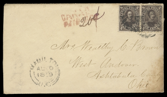 CANADA -  3 CENTS  1859 (August 30) Amber envelope mailed from Hamilton to West Andover, Ohio, bearing a horizontal pair of the 10c brown black, perf 11¾ - Printing Order 1A, in the very distinctive dark rich shade associated with this elusive first printing, quite well centered for the issue, tied by light grid cancels, mostly clear Hamilton AU 30 1859 double arc dispatch, border exchange Canada Paid 10cts handstamp, rate overwritten with "20¢" in manuscript; ageing mainly confined to right edge of the envelope; no backstamp as customary for mail to the U.S. An immensely rare Ten cent Consort first printing pair on cover, paying the double letter rate to the United States, F-VF (Unitrade 16)Expertization: clear 2010 Greene Foundation certificate
