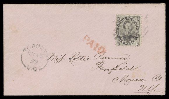 CANADA -  2 PENCE  1859 (May 19) Bright pink envelope in immaculate condition mailed from Toronto to Penfield, New York, bearing a lovely example of the scarce perforated Six pence brownish violet, intact perforations all around and in flawless condition, ideally tied by two light strikes of diamond grid cancellation of Toronto, clear split ring dispatch at left, handstamp PAID in red; no backstamp as customary for the mail to the US. A fabulous item in all respects, no doubt among the very finest existing perforated Six pence covers in existence, VF (Unitrade 13)Expertization: 1984 PF certificate (described as "13a gray violet")Provenance: John Kay British North America Collection, Harmer, Rooke & Co., January 1944; Lot 666B.K. Denton, Sissons Sale 358, January 1976; Lot 743 - where it realized an impressive $2,800 hammer.                   Canadian Pence Issues on Covers from a Gold-medal Collection, H.R. Harmer, October 1982; Lot 64                   William Lea exhibit collection of Pence & Cents postal history (sold privately)                   Henry Schneider, Siegel, October 1996; Lot 55