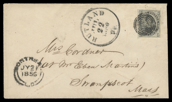 CANADA -  2 PENCE  1856 (July 21) Cover mailed from Montreal to Swampscott,  Massachusetts, bearing a scarcer 6p brownish grey shade on medium wove paper, clear to large margins, negligible scissor cut in  lower margin only and not mentioned in accompanying certificate, neatly tied by concentric rings, Montreal double arc dispatch at  left, well struck Rutland, Vermont next day transit CDS at top.  An appealing cover, VF; 2000 Greene Foundation cert. (Unitrade  5a)